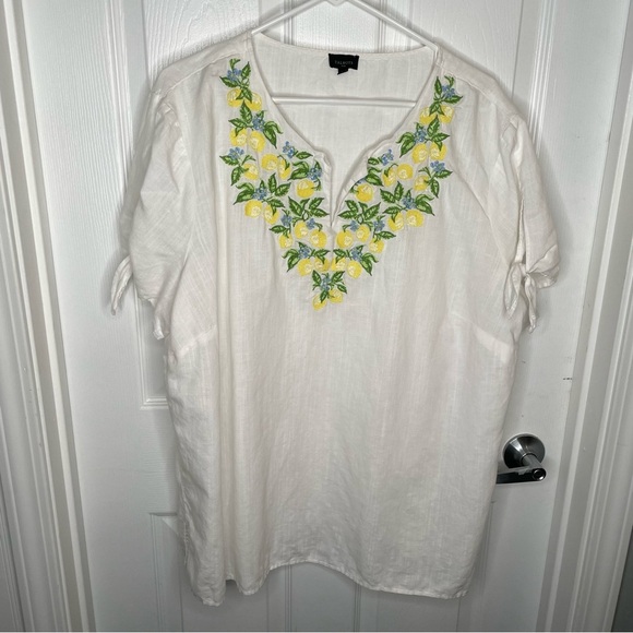 Talbots Tie Detail Embroidered 100% Linen Top Lemon Novelty Print 2X - Picture 3 of 11